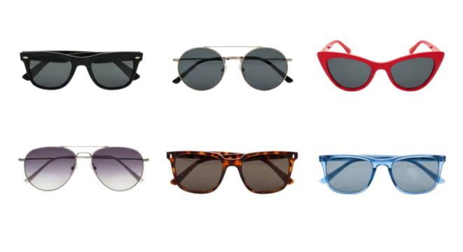 Collection of stylish sunglasses featuring various shapes and colors for fashion-conscious individuals to enhance their style
