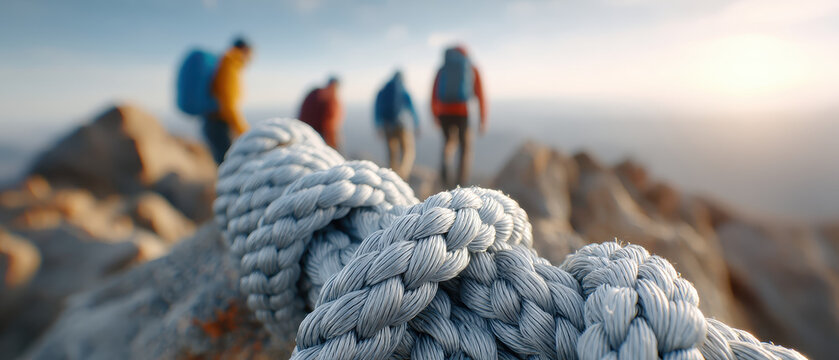 Climbing with strong rope in outdoor setting creates exciting adventure as hikers explore rocky terrain under bright sky. rope symbolizes safety and teamwork
