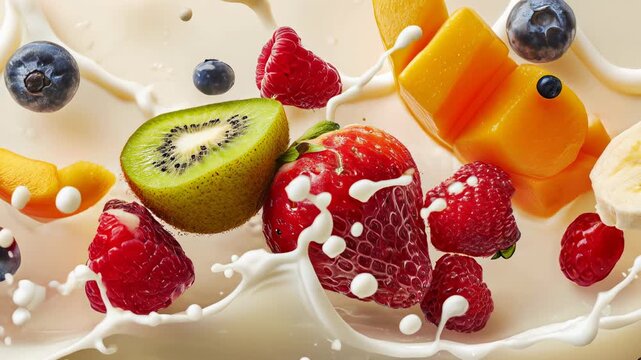 Creamy cascade of berries and tropical fruit in warm studio light; slow‑motion swirls and delicious texture bring feel‑good freshness to smoothie ads, menu screens, cooking intros.