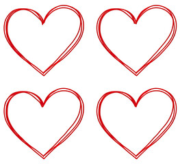 Four red, outlined hearts on a black background