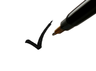 A black pen draws a dark checkmark on a void background