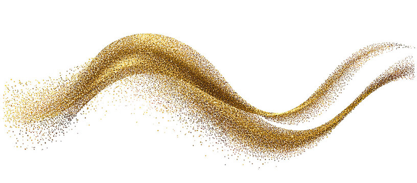 A sparkling golden ribbon flows like a wave against a black background