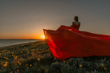 Sunset Dress Woman: Lady in red gown gazes at ocean sunrise on grassy shore, feeling freedom,...