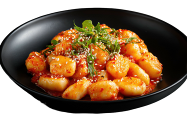 Savory dumplings bathed in spicy red sauce, topped with sesame seeds