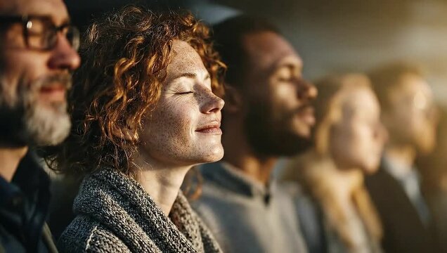 A diverse team practices mindfulness together promoting workplace inclusion acceptance and a positive collaborative culture