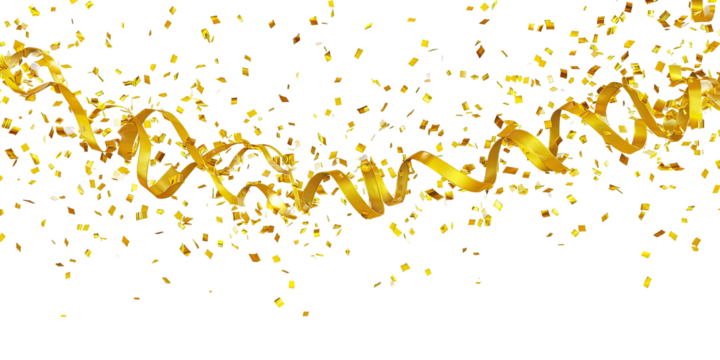 Golden streamers and confetti on a black background