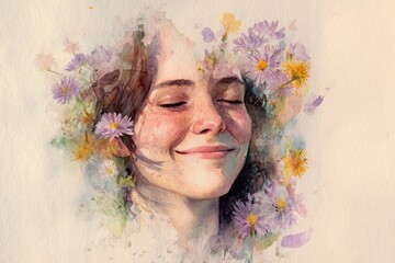 watercolor portrait of woman surrounded by wildflowers, eyes closed and smiling, pastel soft background