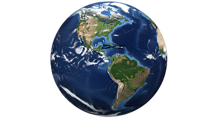 Earth globe with detailed continents and oceans realistic 3D rendering showing North and South America isolated on white background