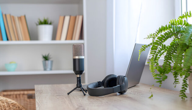 Cozy Home Podcast Studio Setup with Microphone and Laptop - Powered by Adobe