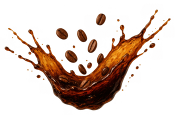 Coffee beans splashing into a wave of dark espresso liquid, fresh hot beverage for energy and morning drink