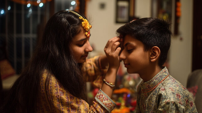 Girl applying tika on a boy's forehead during a festive occasion indoors