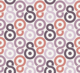 Seamless geometric pattern with stylized circular shapes in pink and purple tones, ideal for textiles, wallpaper, or backgrounds. Vector illustration.