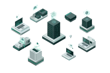 Futuristic data servers and laptops connected in a digital network