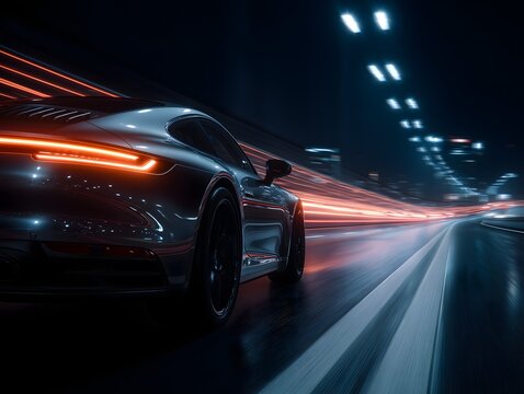 long exposure from behind a speeding sports car on the autobahn at night, red taillight trails and reflections on wet asphalt.
