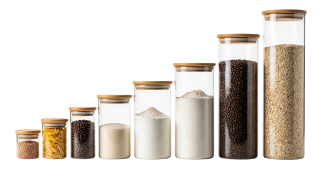 Various dry food ingredients are arranged in glass jars of different sizes transparentVarious dry food ingredients are arranged in transparent glass jars of different sizes.