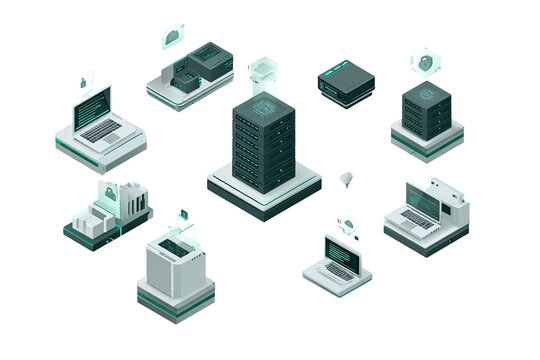 Futuristic data servers and laptops connected in a digital network