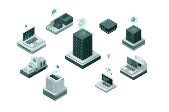 Futuristic data servers and laptops connected in a digital network