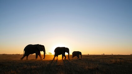 Elephants at Sunset in Serene Landscape