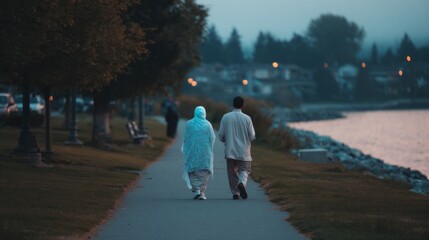 Couple Enjoying a Peaceful Walk by the River After Evening Prayer During Sunset Glow
