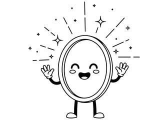 A cute, sparkling mirror mascot character. Happy kawaii vector line art, isolated for a logo, coloring book, or self-reflection concept.