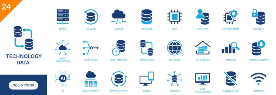 Data technology icon. Containing database, cloud technology, global internet connection, data center, computer. Solid vector icon set.