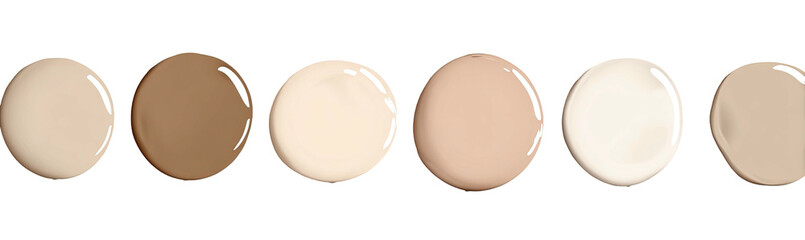 Seven circular blobs of liquid makeup in varying neutral shades