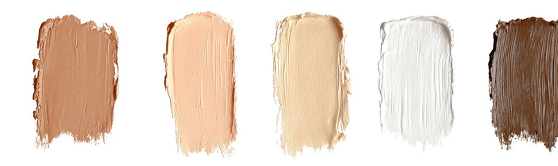 Five swatches of makeup foundation in varying shades from light to dark