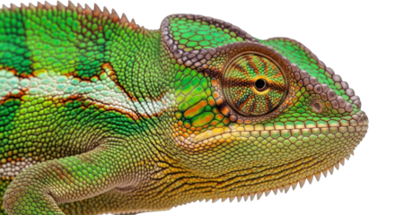 Close-up of a green chameleon on a greenscreen background.