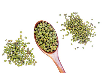 green peas in a wooden spoon isolated on white