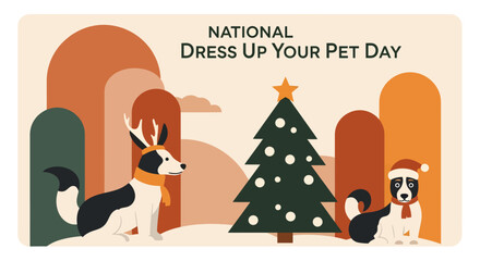 Two cute dogs in festive costumes celebrate National Dress Up Your Pet Day by a Christmas tree.