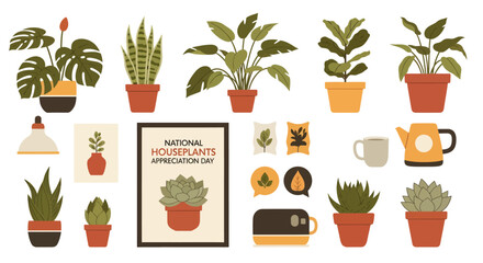 A collection of various houseplants and gardening accessories celebrating National Houseplant Appreciation Day.