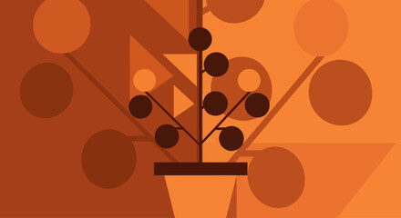 A stylized potted plant with round fruit against a geometric orange and brown background.