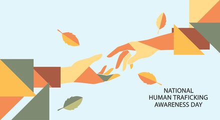 Geometric illustration of two hands reaching for each other for National Human Trafficking Awareness Day, symbolizing help and hope.