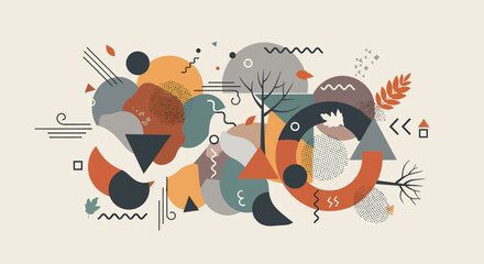 An abstract digital illustration depicting an autumn landscape with a collage of geometric shapes, stylized trees, and organic forms.