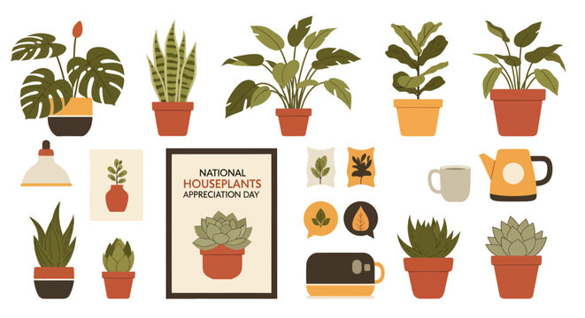 A collection of various houseplants and gardening accessories celebrating National Houseplant Appreciation Day. - Powered by Adobe