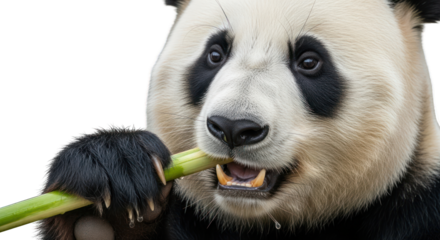 Giant panda eating bamboo on greenscreen background,