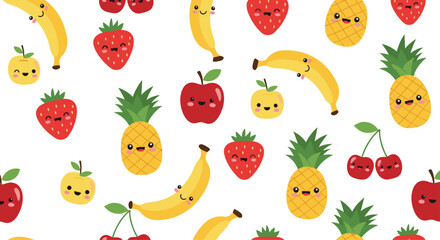 Fototapeta premium Seamless pattern of cute, smiling cartoon fruits: bananas, strawberries, pineapples, apples, and cherries on a white background.
