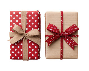 Two wrapped gift boxes, one red polka dot, one brown