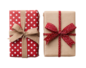 Two wrapped gift boxes, one red polka dot, one brown