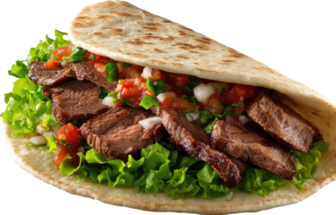 Sliced grilled meat, lettuce, and pico de gallo in a soft tortilla