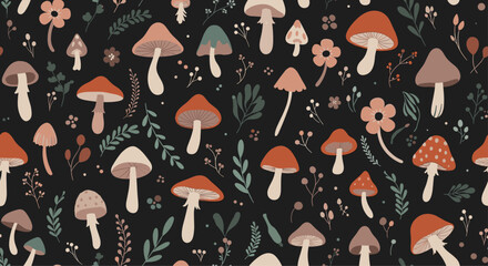 Seamless whimsical pattern featuring various types of hand-drawn mushrooms and botanical elements on a dark, enchanting forest background.