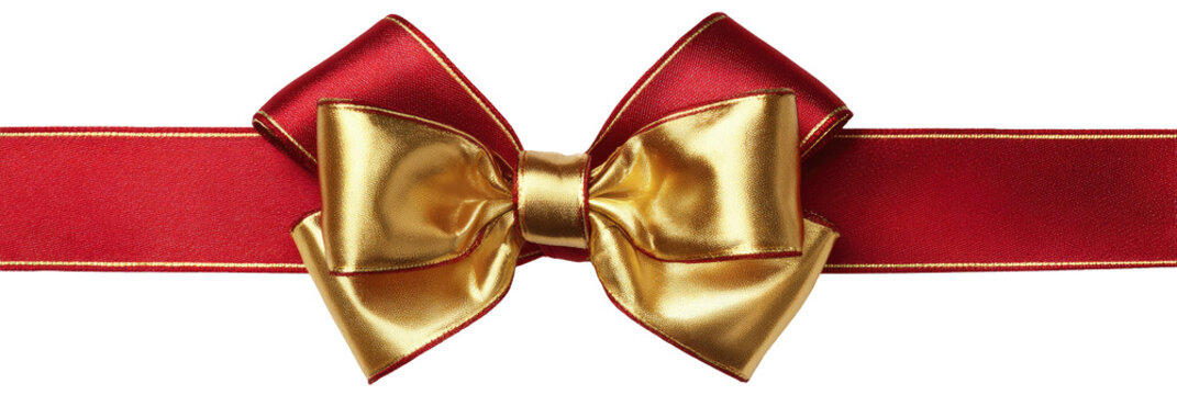 A red ribbon with a shiny gold bow and gold trim - Powered by Adobe