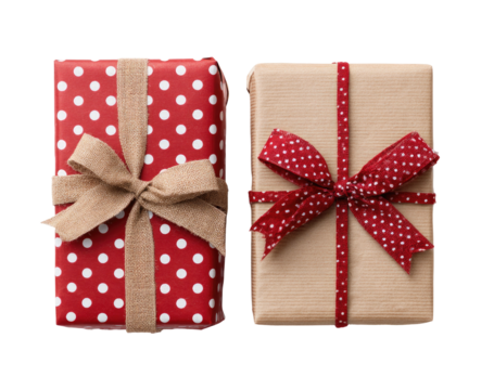 Two wrapped gift boxes, one red polka dot, one brown
