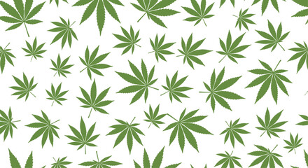 A seamless pattern features various green cannabis leaves scattered across a clean white background, creating a vibrant and distinct botanical design.