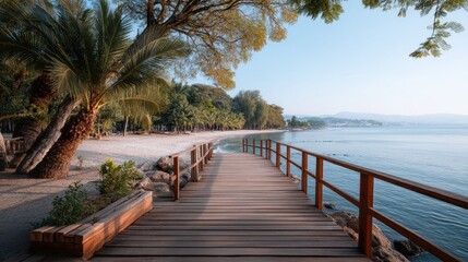 Wooden Boardwalk Pathway Leading Towards a Tropical Beach Lined with Palm Trees and Calm Ocean Water Under Clear Blue Sky and Warm Sunlight