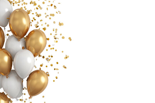 Golden and white balloons with scattered gold confetti on black