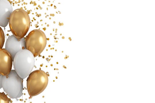 Golden and white balloons with scattered gold confetti on black