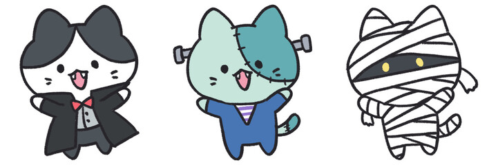 手描き、猫のキャラクターのハロウィン仮装イラスト3種類セット