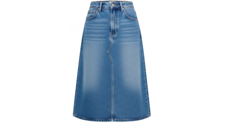 Denim midi skirt isolated on transparent background with aline silhouette