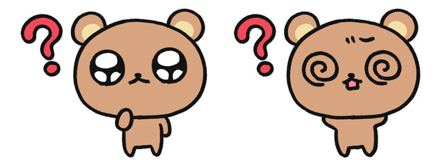 手描き、可愛いクマのキャラクター、疑問と混乱の表情2種類セット